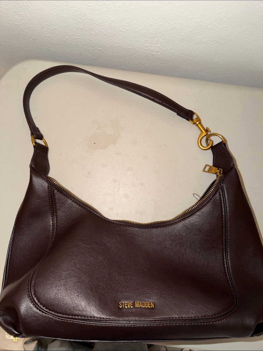 Steve Madden Dark Brown Leather Shoulder Bag with Gold Hardware